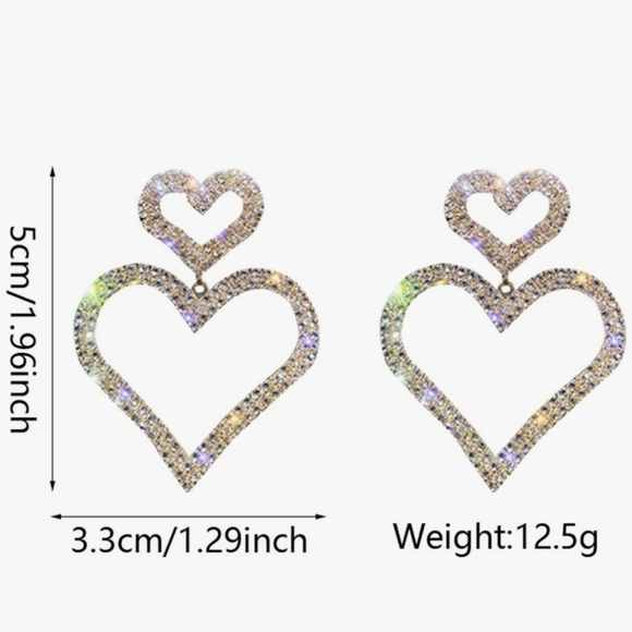 Rhinestone Heart Drop Earrings Statement Earrings Gold or Silver - Picture 5 of 13